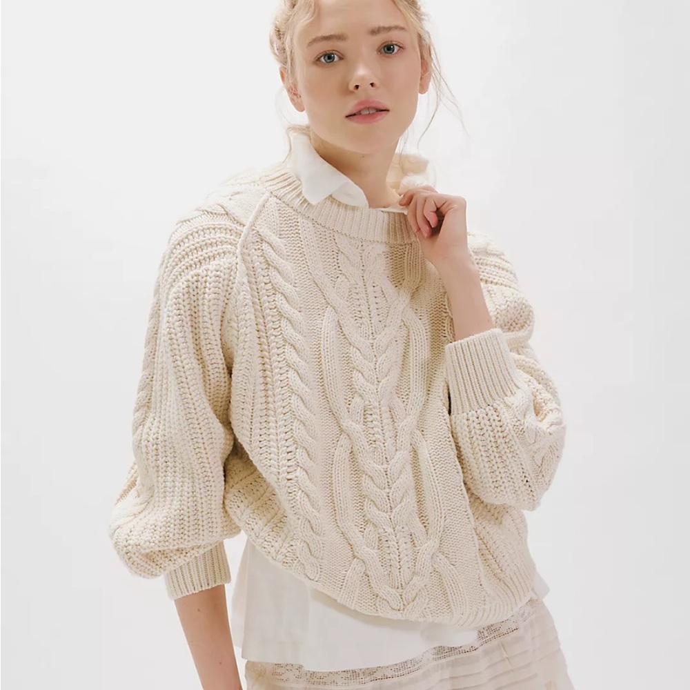 Free People Cream Cable Crewneck Sweater